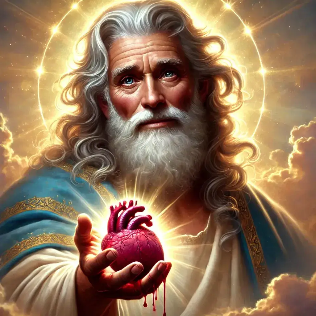 A majestic depiction of God the Father with a deeply compassionate expression. He looks straight at the viewer holding out his wounded heart