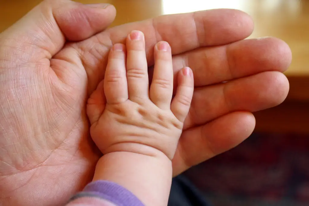 An adult hand gently holding a child’s hand