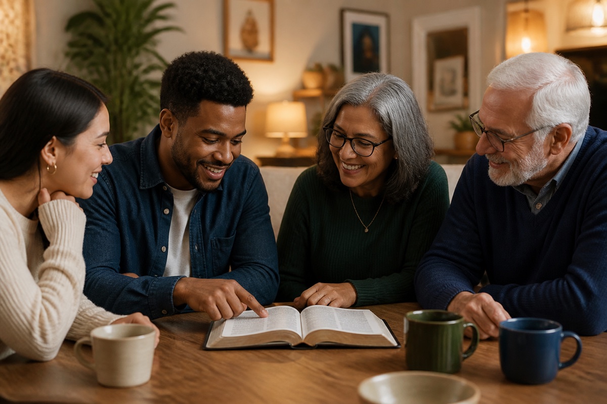 A multigenerational and diverse group discussing an open Bible together