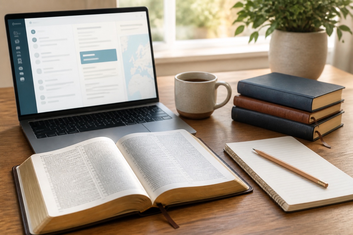 An open Bible beside a laptop, notebook, and Bible study resources