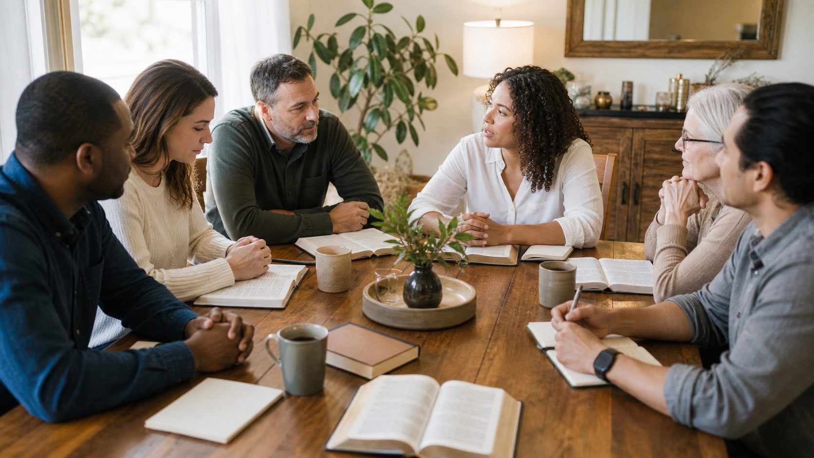 A diverse home group making a personal commitment around an open Bible