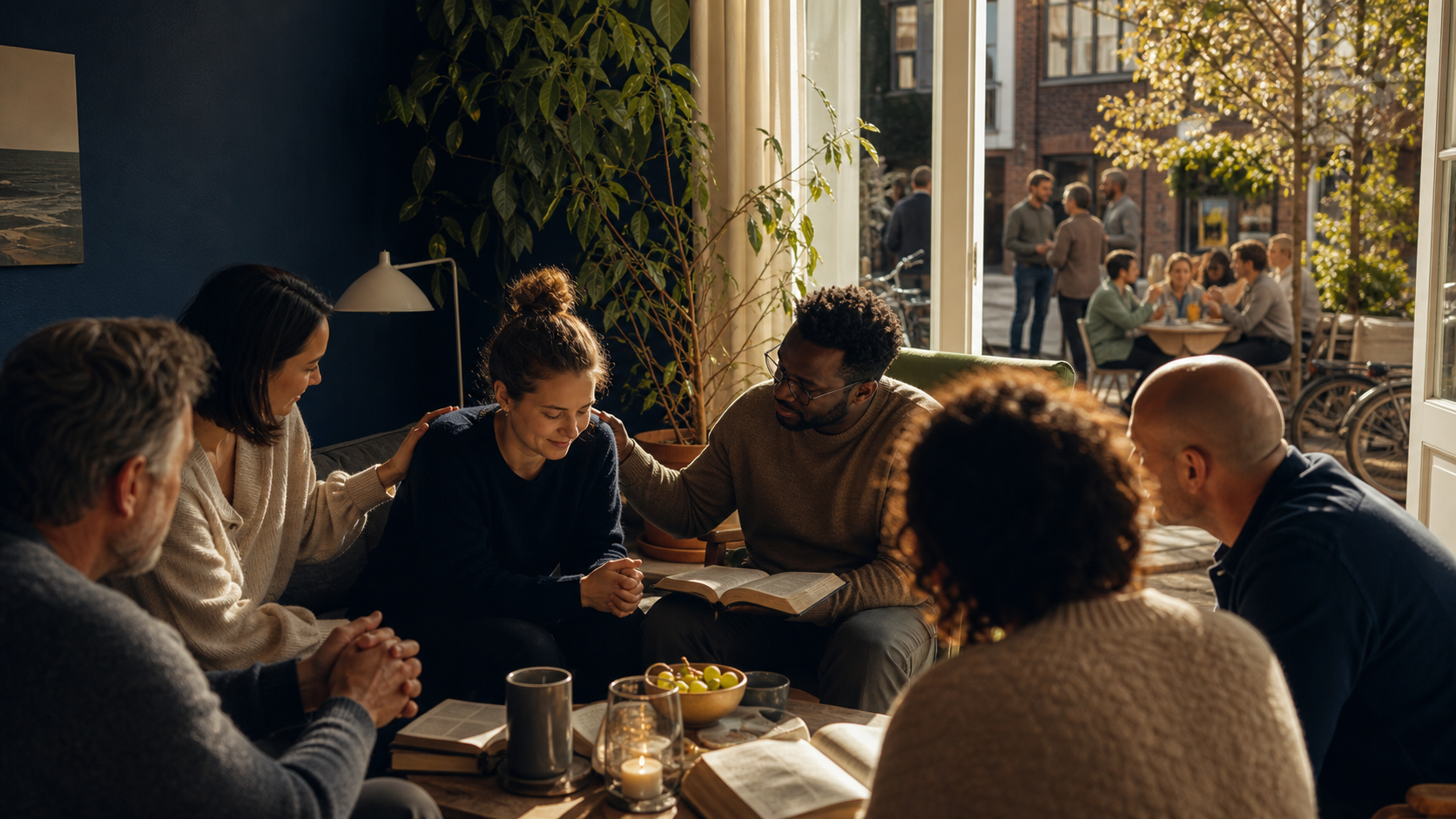 A diverse home fellowship praying, studying the Bible, and opening outward to the community