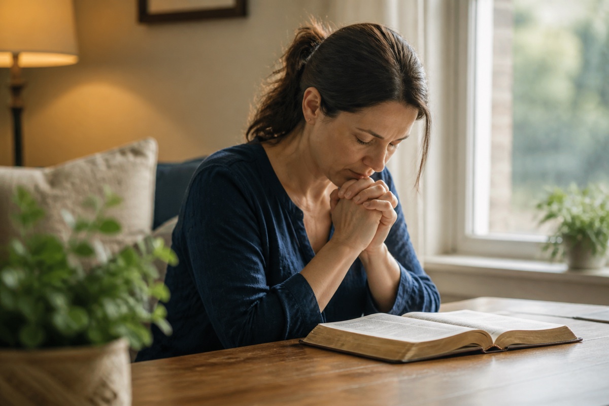 A woman praying humbly beside an open Bible near a bright window