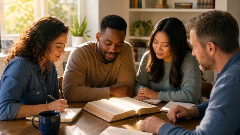 A diverse home group studying the Bible together in warm morning light