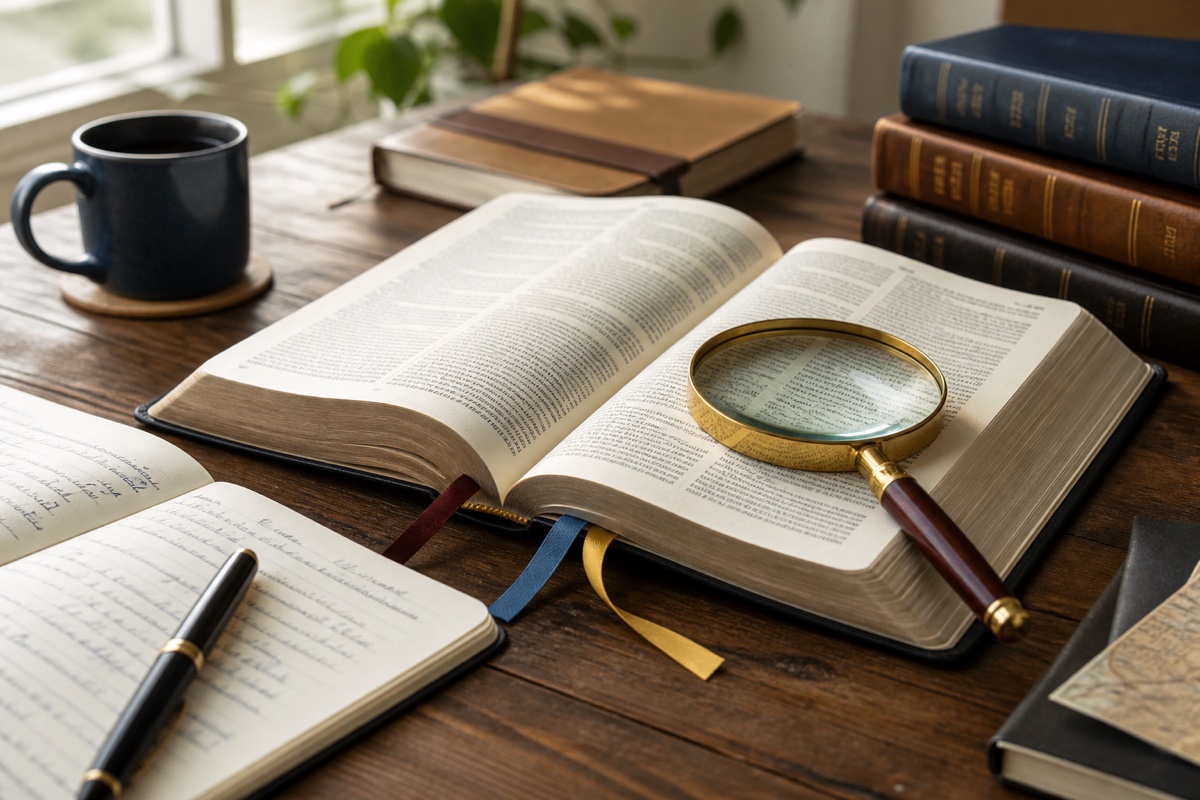 An open Bible with a magnifying glass, study notes, and reference books