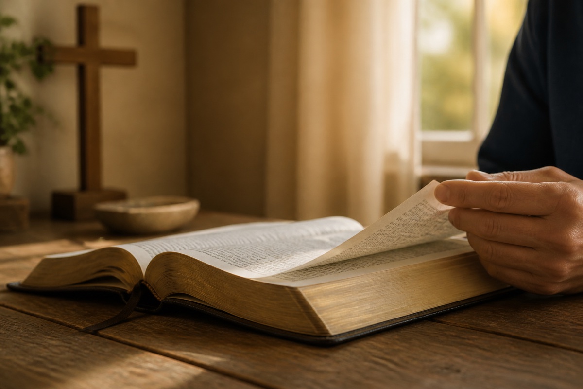 A reader turning a Bible page with a simple wooden cross in the background