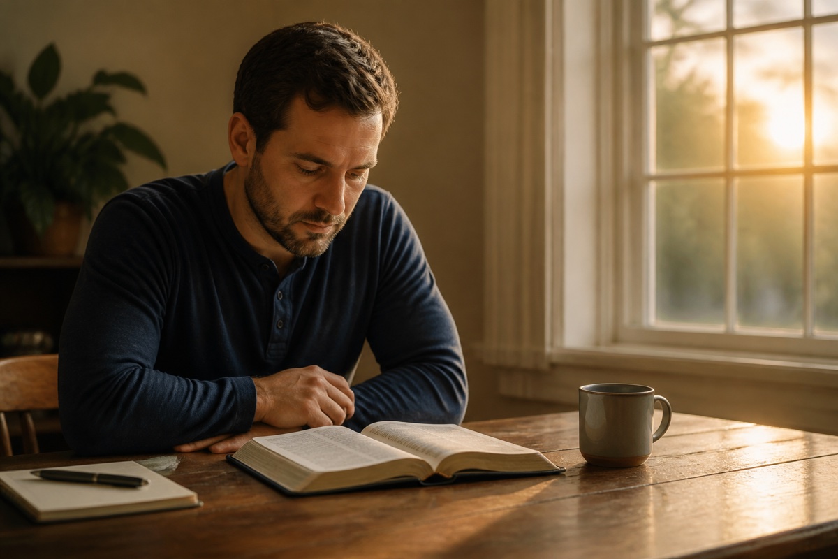 A thoughtful reader studying an open Bible in warm sunrise light