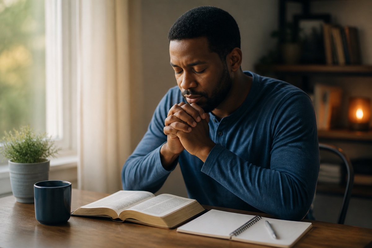 A man praying thoughtfully beside an open Bible and study notebook