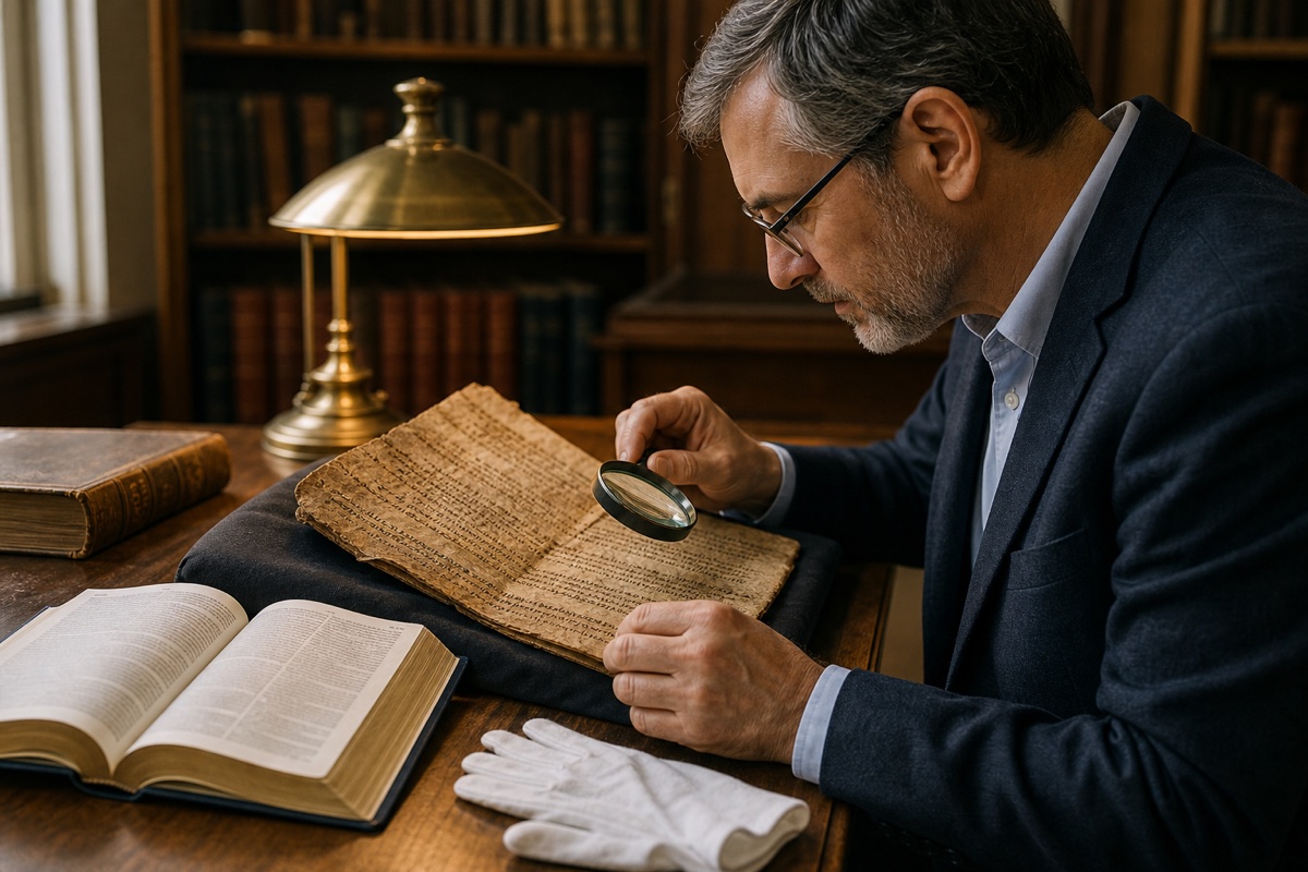 A scholar carefully examining an ancient biblical manuscript beside a modern Bible