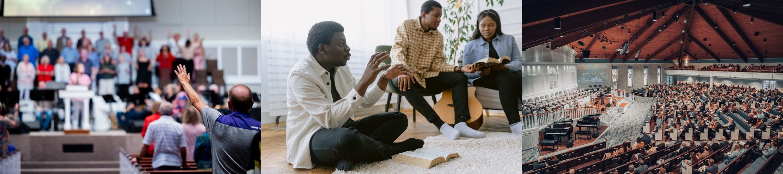 A collage of a modern church congregation, an at-home Bible fellowship, and a large Christian gathering