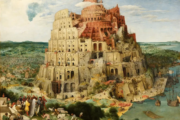 Painting of the unfinished Tower of Babel rising over a city and harbor