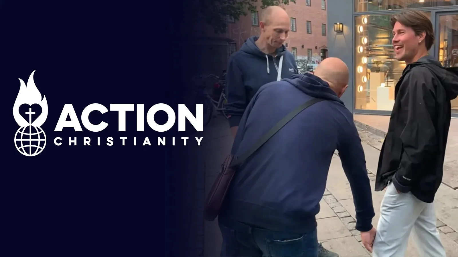 Two men pray for a young man who is amazed when his knee is miraculously healed
