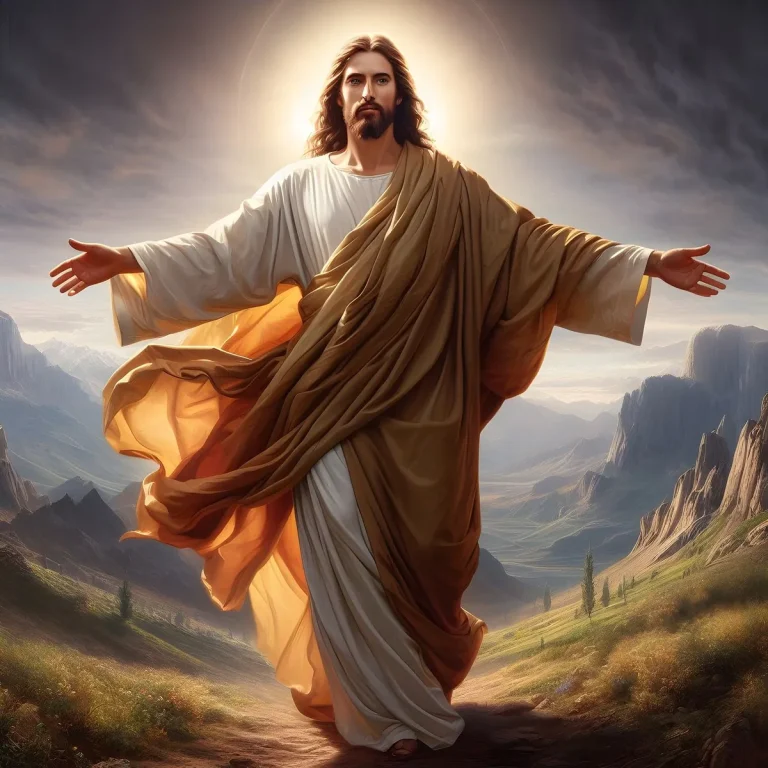 AI-generated illustration of Jesus with outstretched arms in a mountain landscape.