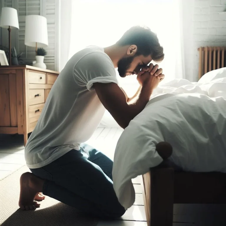AI-generated illustration of a man kneeling beside a bed in prayer.