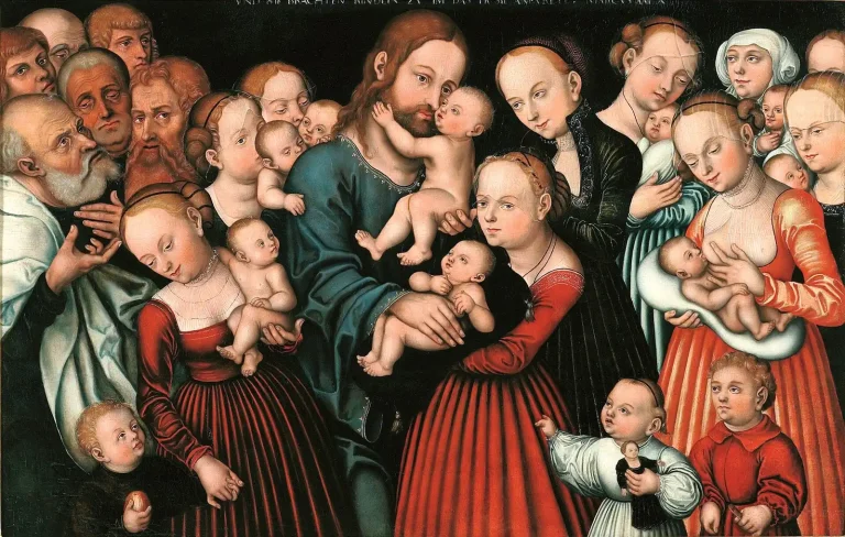 Renaissance painting of Jesus holding and blessing small children brought by their mothers