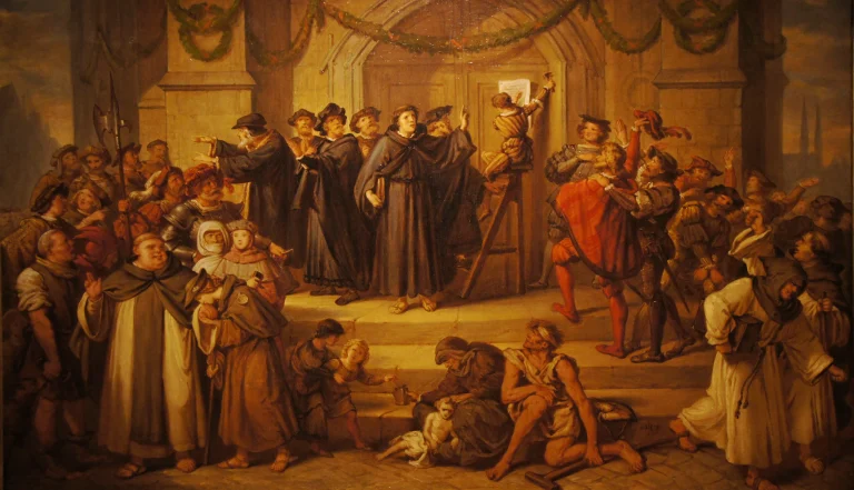 Painting of Martin Luther nailing his 95 Theses to a church door while a crowd of clergy and townspeople watches