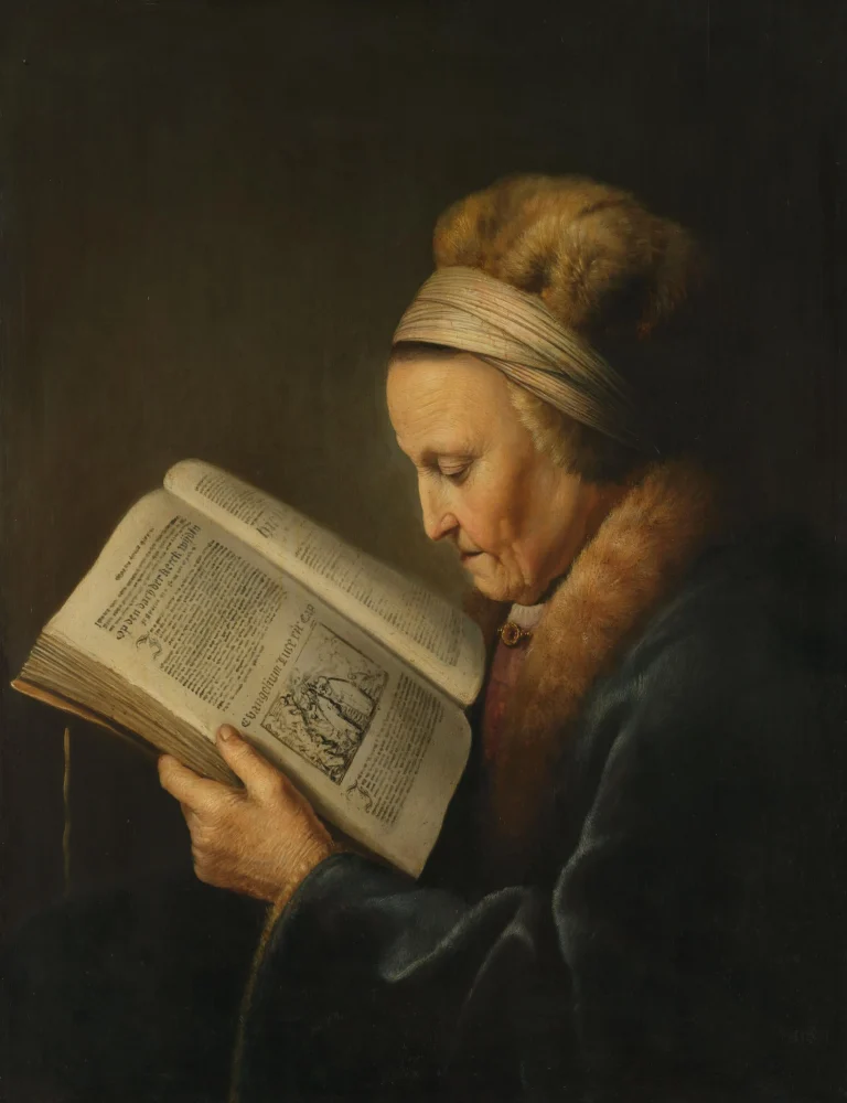 An elderly woman reading an open Bible, painted by Gerrit Dou