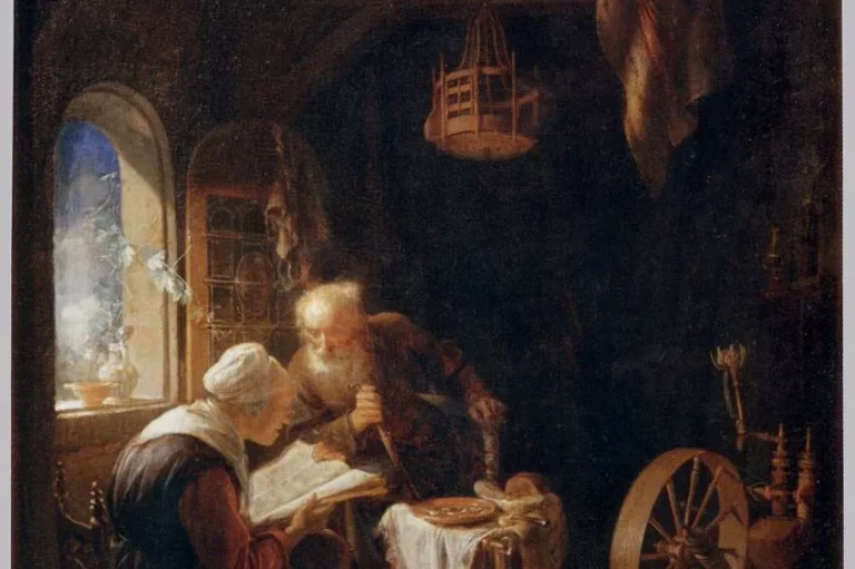 Painting of an elderly couple in a dim room reading a large Bible together by window light