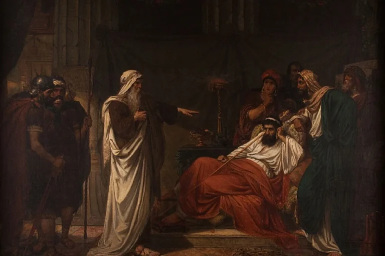 Painting of the prophet Nathan pointing at King David, who sits on his throne surrounded by courtiers