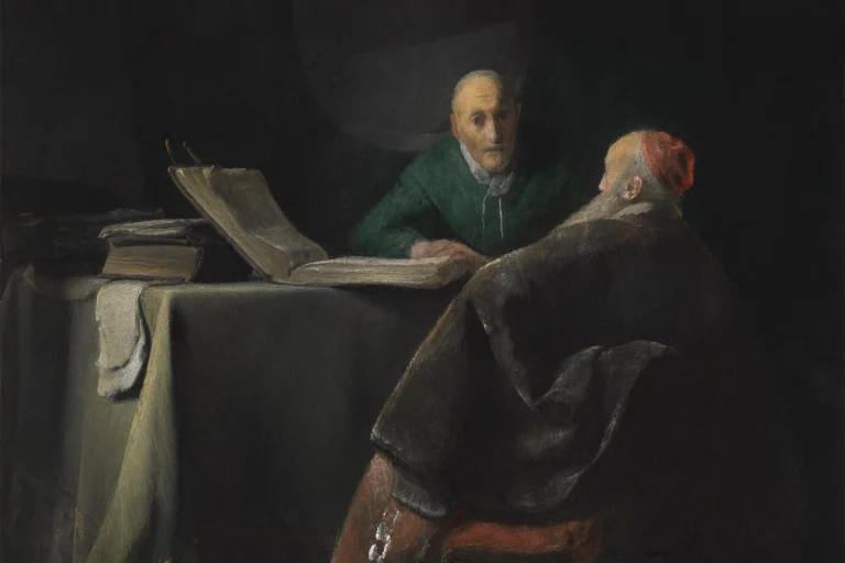 Painting of two elderly men, traditionally Peter and Paul, in close discussion by candlelight over an open book