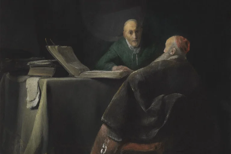 Painting of two elderly men, traditionally Peter and Paul, in close discussion by candlelight over an open book