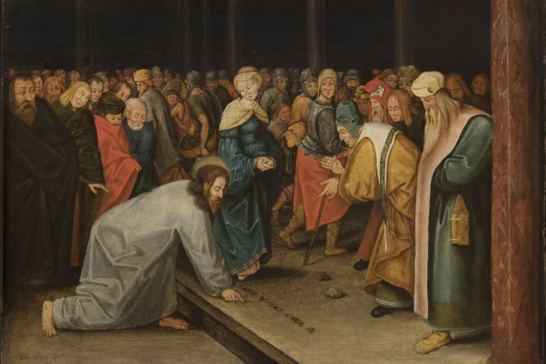 Painting of Jesus writing on the ground while a crowd brings a woman accused of adultery before Him