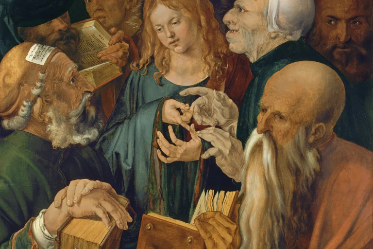 Painting of the young Jesus surrounded by elderly scholars holding books and arguing
