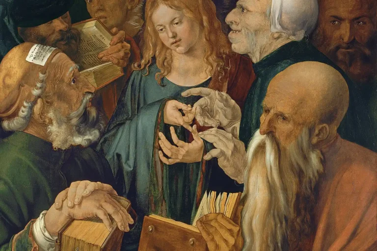 Painting of the young Jesus surrounded by elderly scholars holding books and arguing