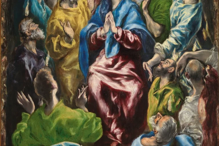Painting of Mary and the apostles with tongues of fire above their heads at Pentecost