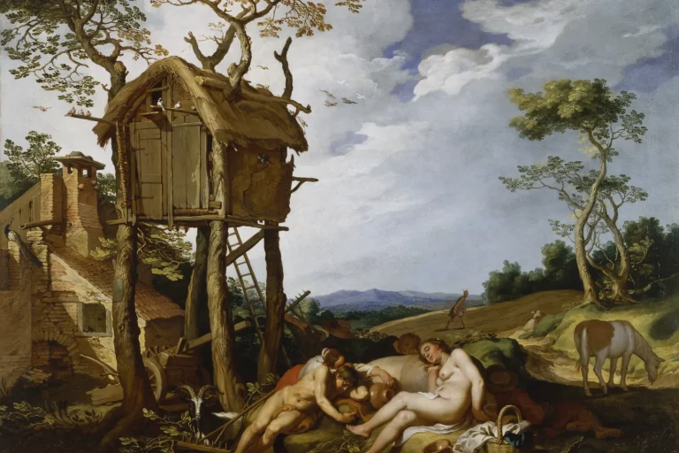 Landscape painting of sleeping farm workers while an enemy sows weeds among the wheat at dusk