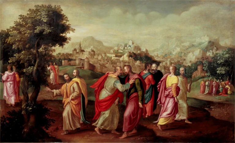 Painting of Jesus sending out His twelve disciples in pairs from a hillside above a town
