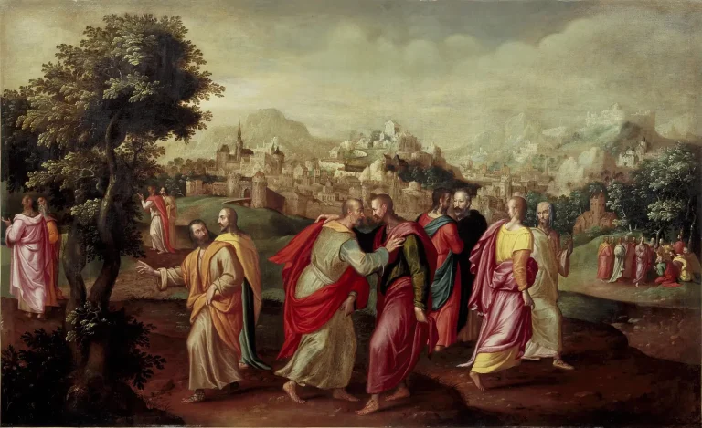 Painting of Jesus sending out His twelve disciples in pairs from a hillside above a town