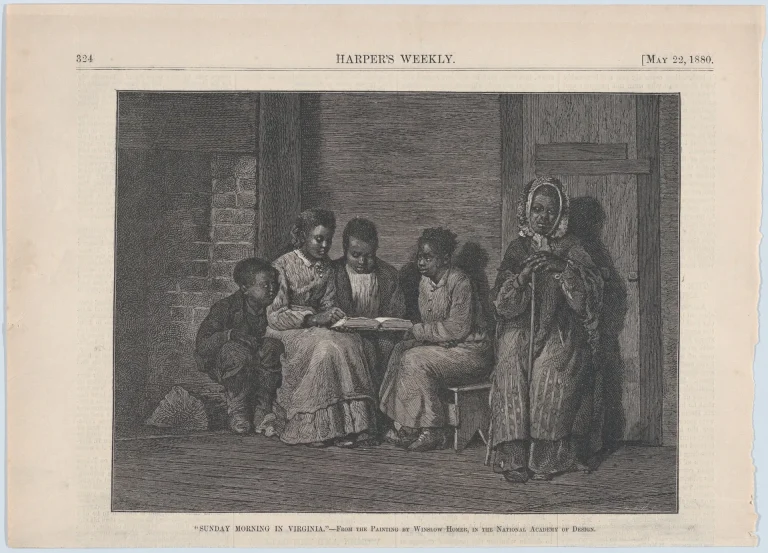 Engraving of children and a young woman reading the Bible together in a simple home while an elderly woman listens