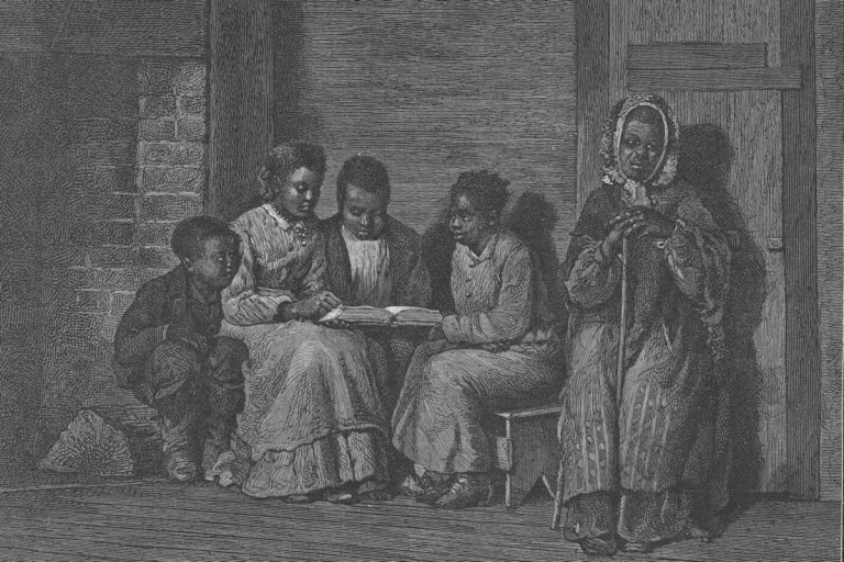 Engraving of children and a young woman reading the Bible together in a simple home while an elderly woman listens