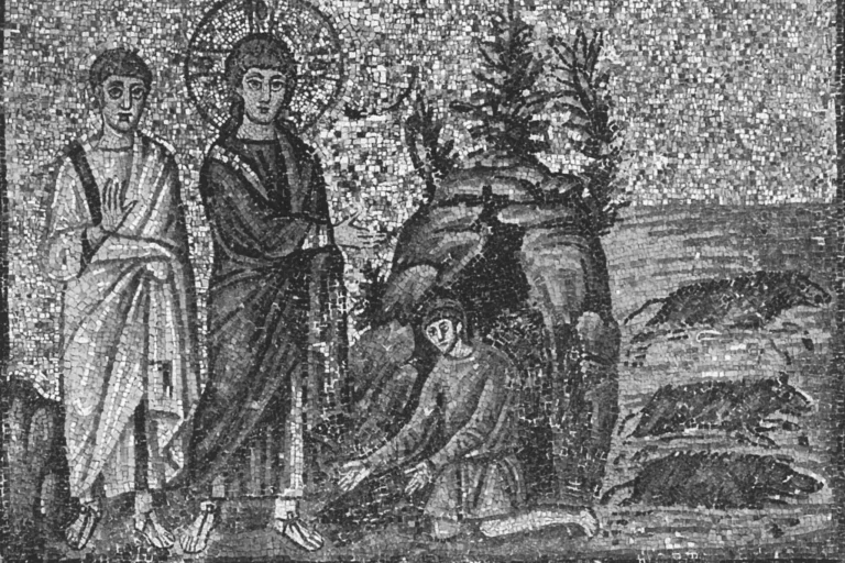 Ancient mosaic of Jesus casting demons out of a kneeling man into a herd of pigs