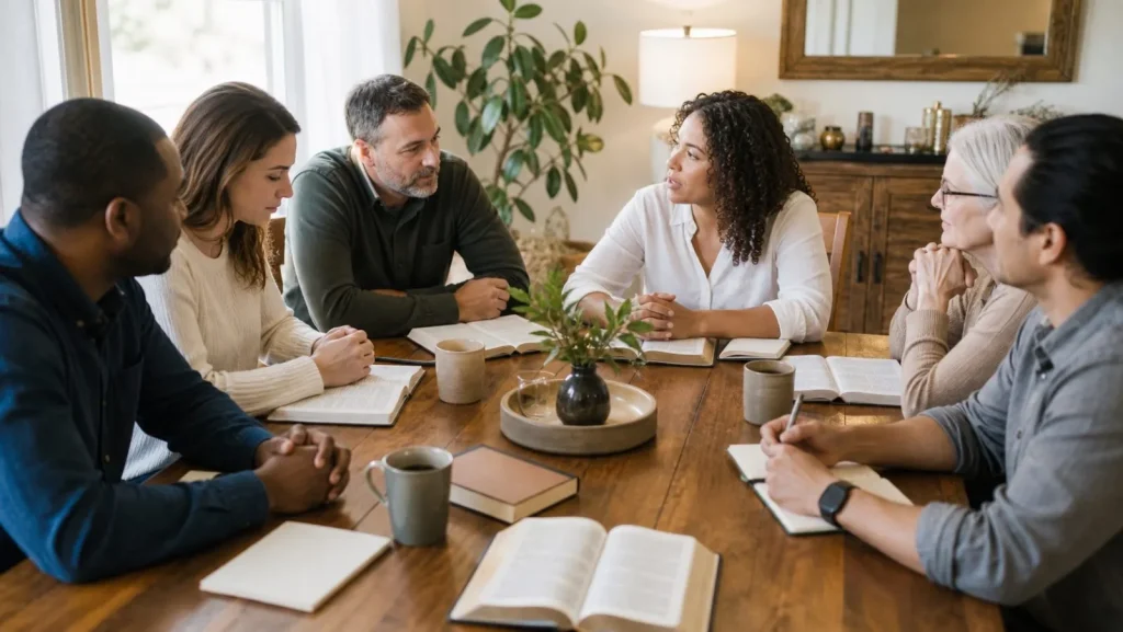 A diverse home group making a personal commitment around an open Bible