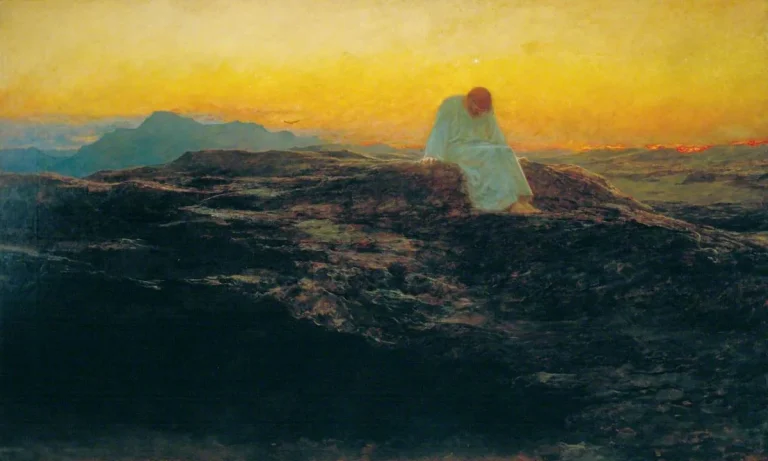 Painting of Jesus in a white robe sitting alone on a rocky desert height at sunset