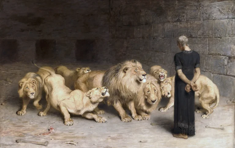 Painting of Daniel standing calmly with his back turned to a group of lions in a stone den