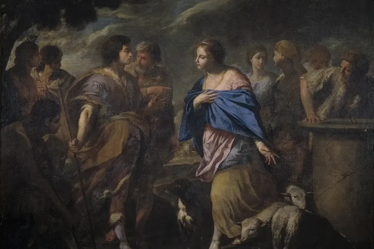 Painting of Rebecca at a well meeting Isaac’s servant with camels and attendants