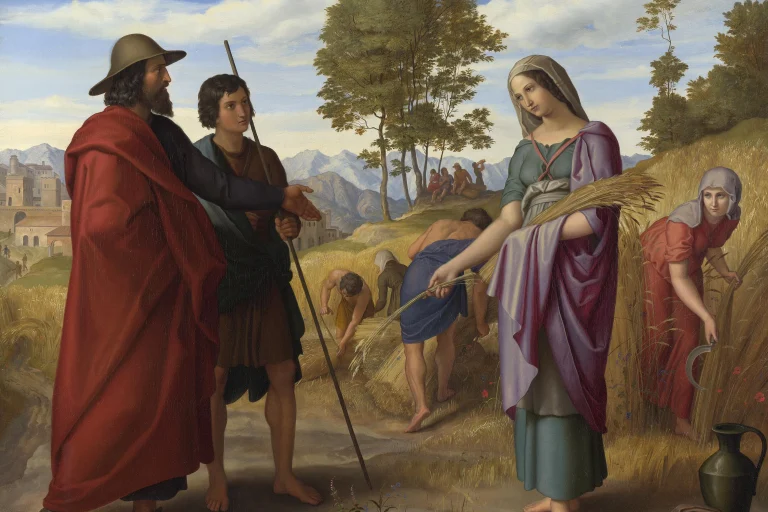 Painting of Ruth gleaning grain in a field as Boaz and a companion approach