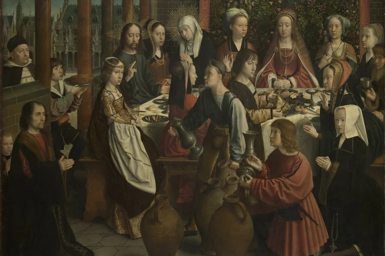 Painting of the wedding feast at Cana with Jesus, Mary, and guests around a long table