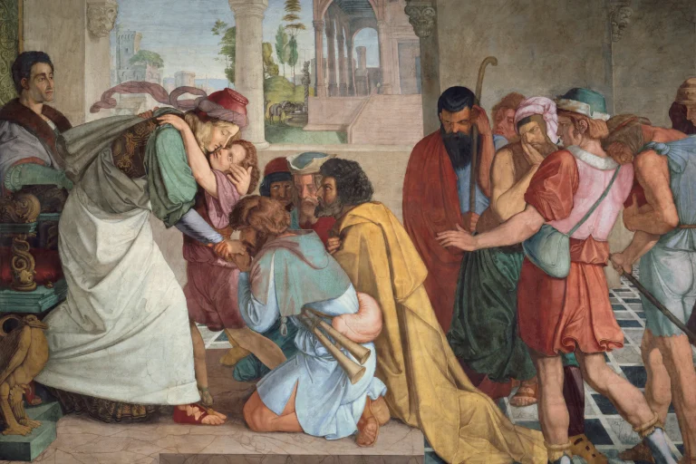 Painting of Joseph embracing his kneeling brothers in Egypt as he reveals who he is