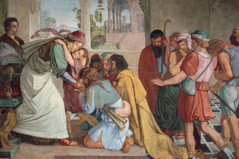 Painting of Joseph embracing his kneeling brothers in Egypt as he reveals who he is