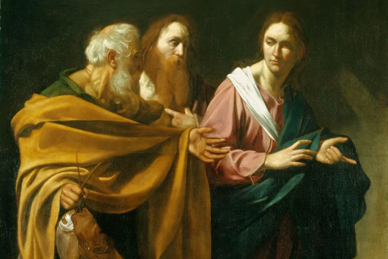Caravaggio painting of Jesus calling the fishermen Peter and Andrew, one holding a fish