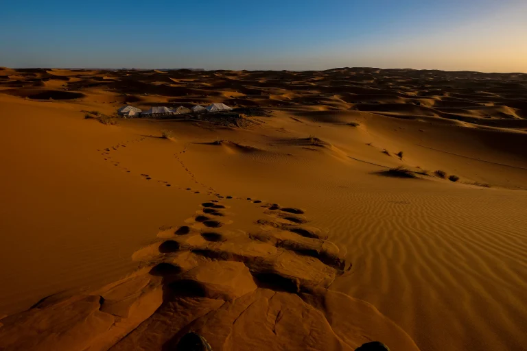 Footprints leading across golden desert dunes at sunset