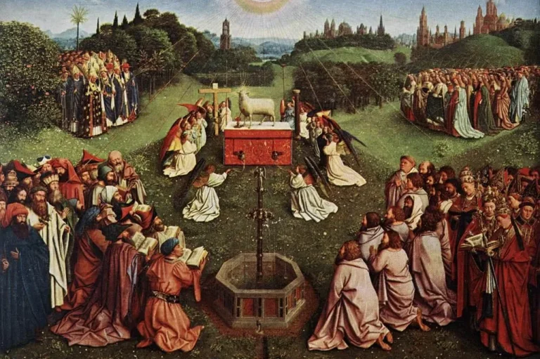 Painting of a great crowd of saints, prophets and apostles gathered in a green meadow around the Lamb on an altar, with a fountain in front