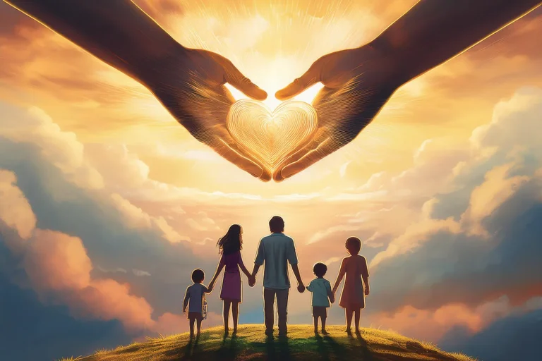 Hands of God holding a heart out to a family atop a serene hilltop bathed in soft golden light