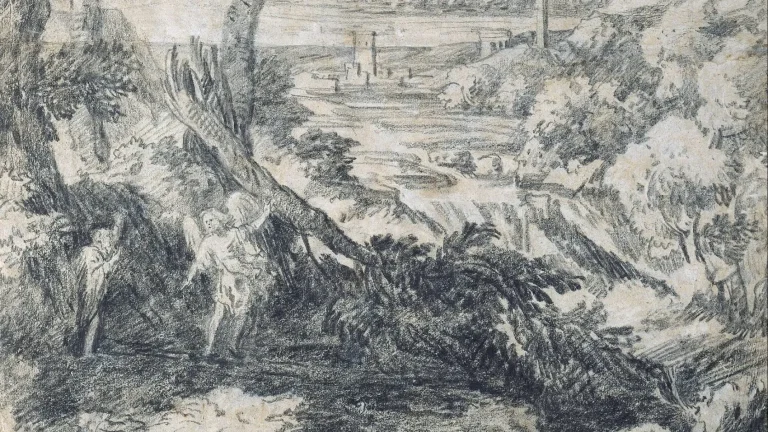 Landscape drawing with Elijah and an angel on Mount Horeb