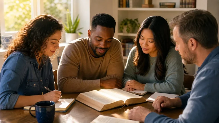 A diverse home group studying the Bible together in warm morning light