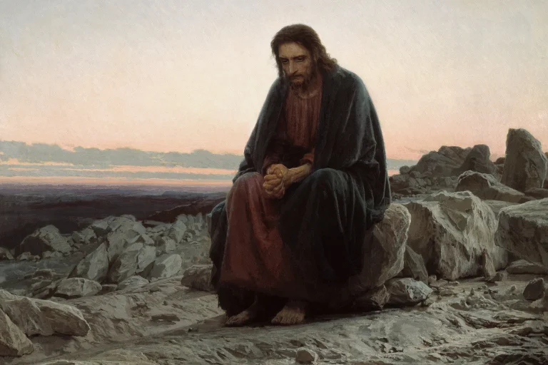 Painting of Jesus sitting alone on a rock in a barren desert at dawn, hands clasped